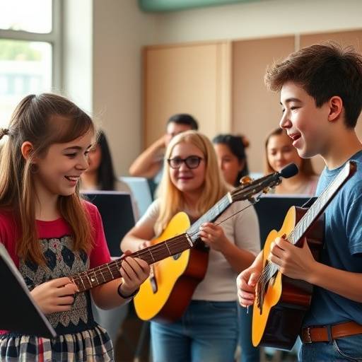 Bilde fra en musikkworkshop, unge deltakere engasjert